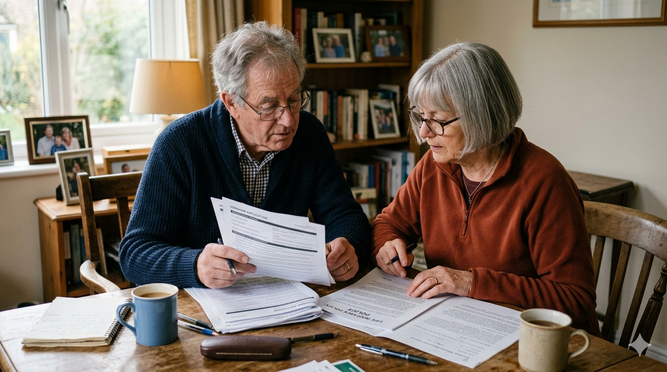 Adult daughter sitting beside her elderly father at a dining room table reviewing financial documents and retirement income worksheets