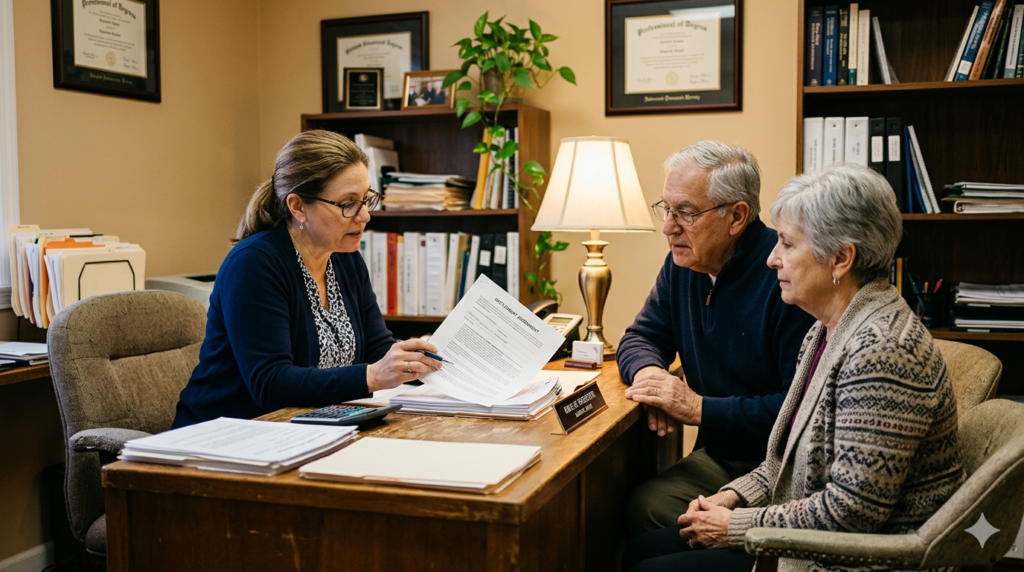 Older policyholder reviewing a missed life insurance premium notice at a kitchen table with the policy contract open beside it