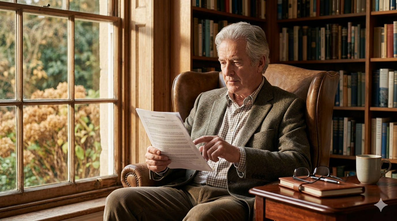 Senior man pausing thoughtfully while reviewing a life insurance policy document