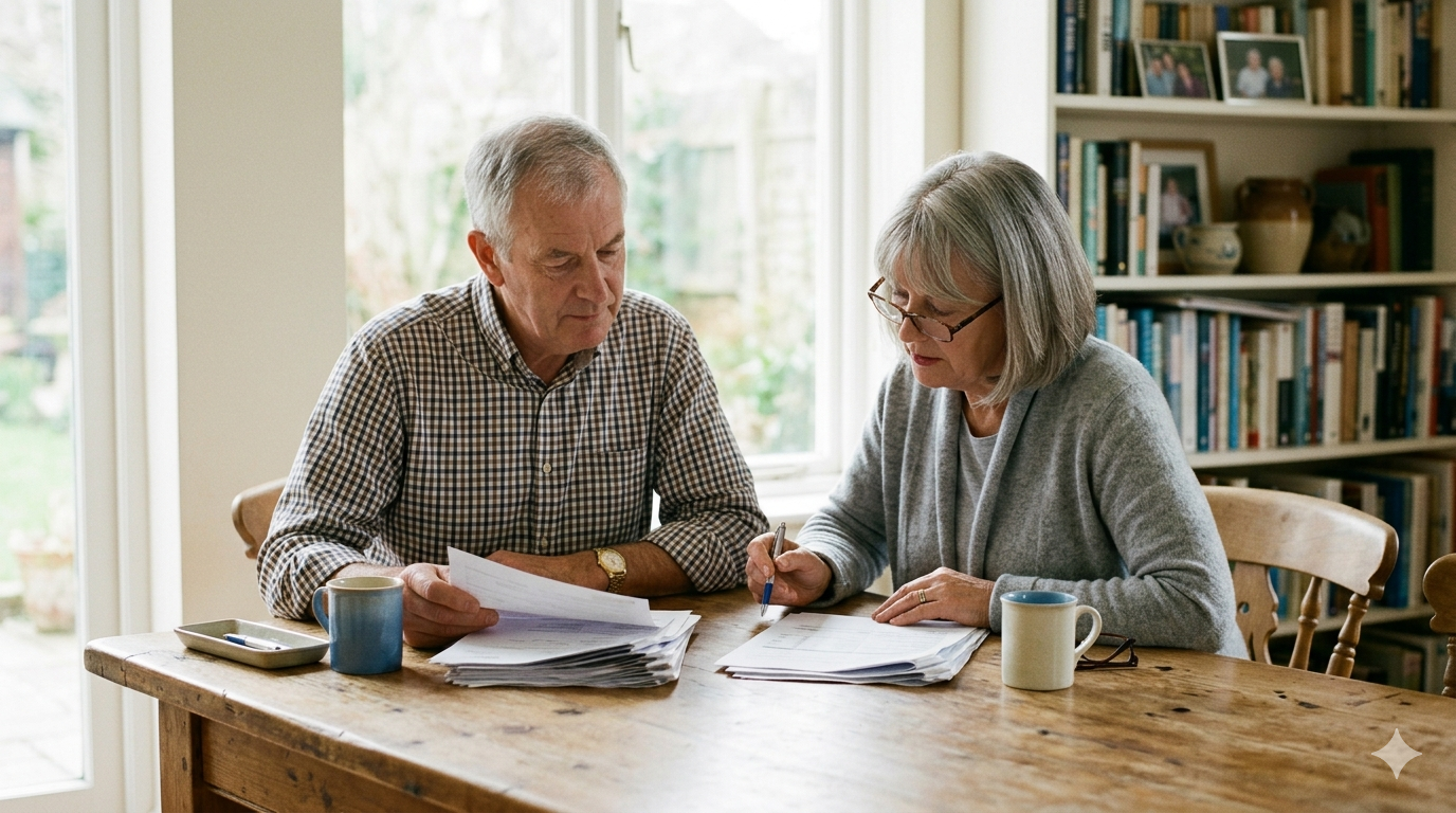 Older couple comparing a life settlement and policy surrender at a kitchen table