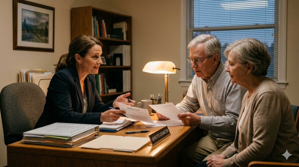 Older couple at a kitchen table reviewing retirement income paperwork together with a calculator and a coffee mug nearby