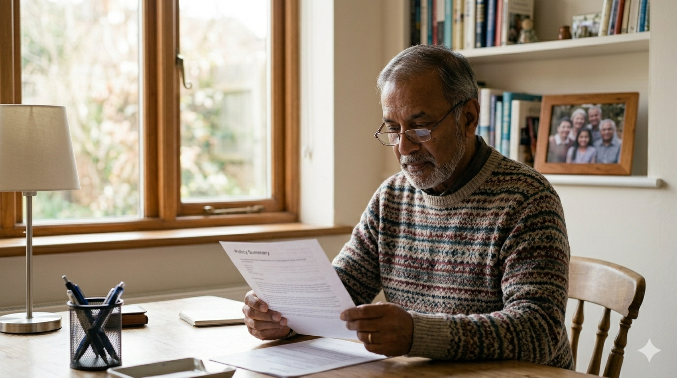 Older man in his late 60s reviewing a term life insurance policy at his home office desk