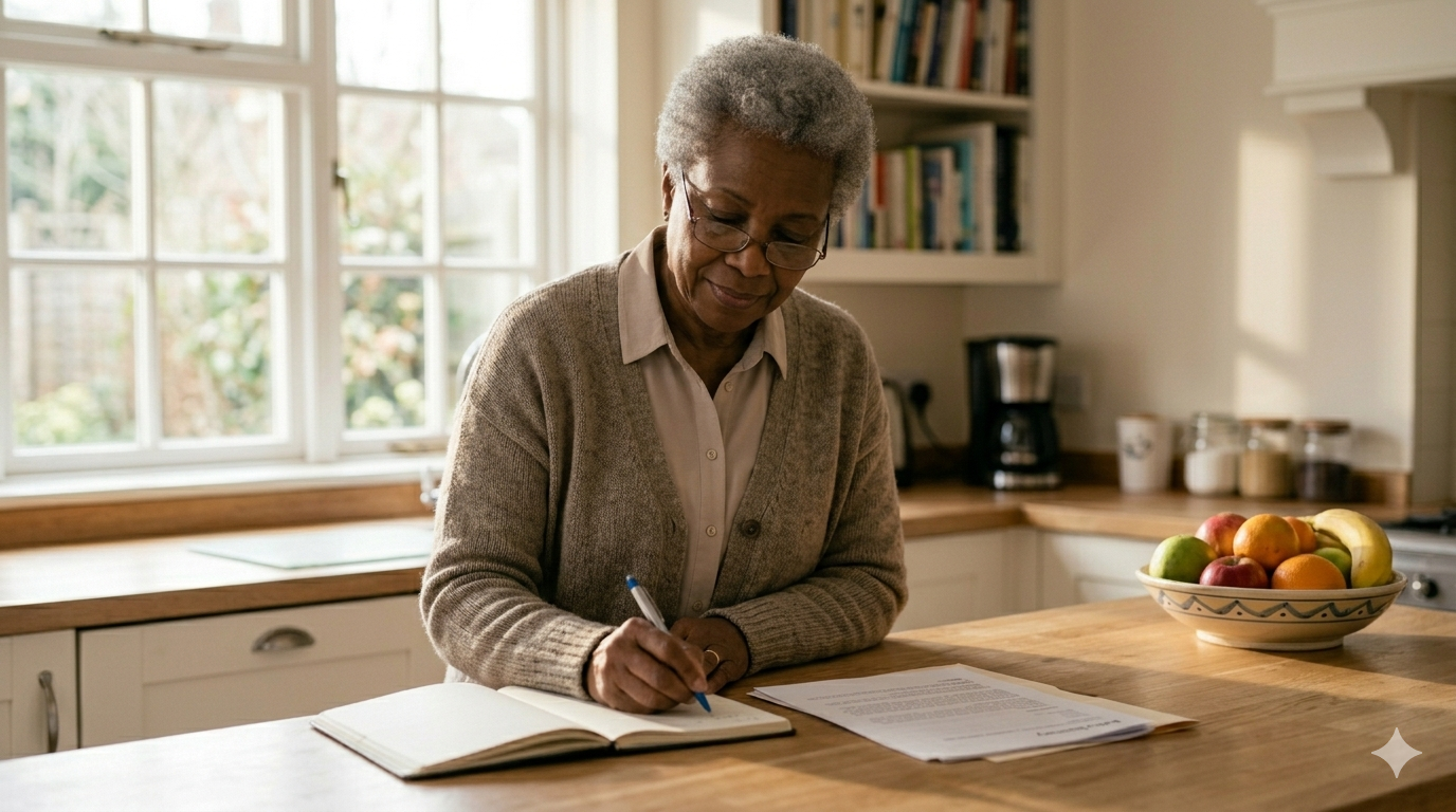 Senior woman with whole life insurance documents and a notebook at her kitchen counter
