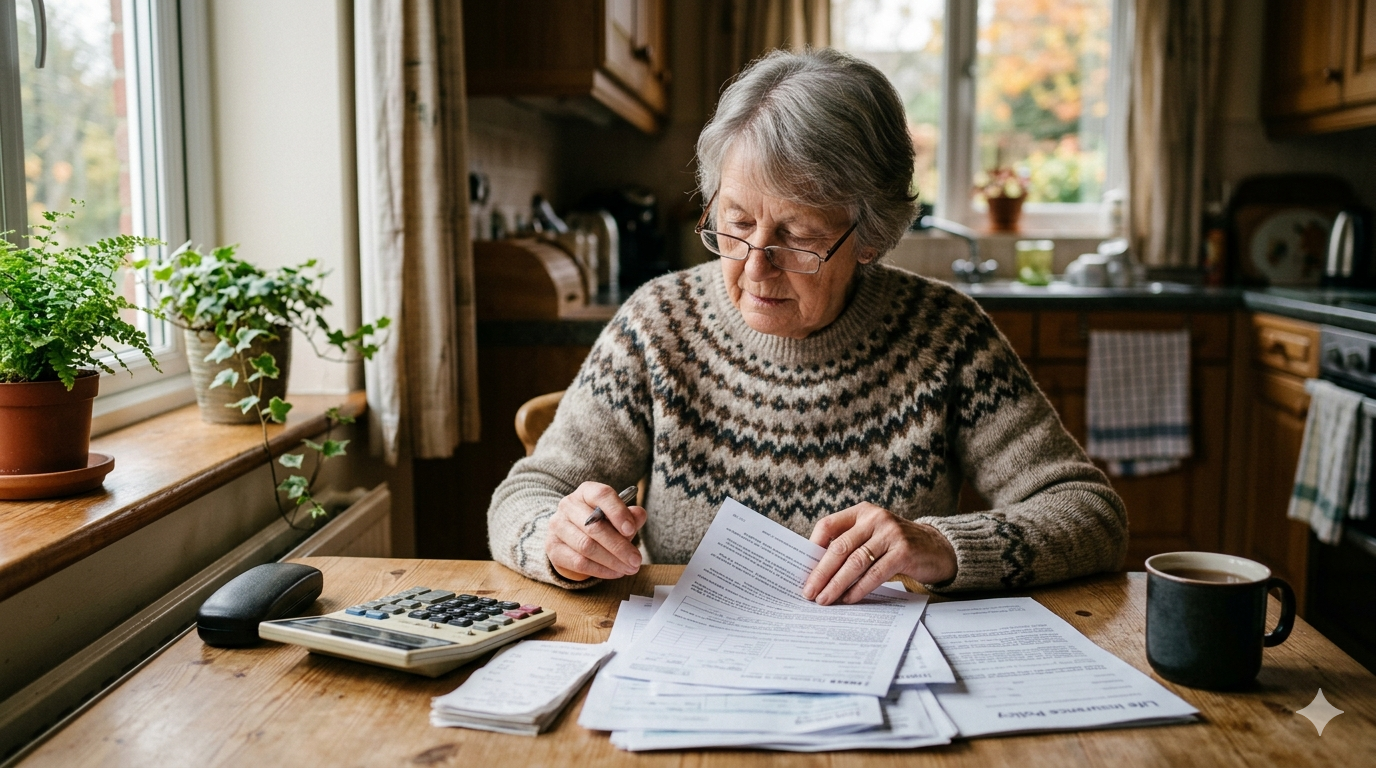 Adult policyholder and her husband sitting on a sofa reviewing a life insurance policy contract and a recent premium notice together