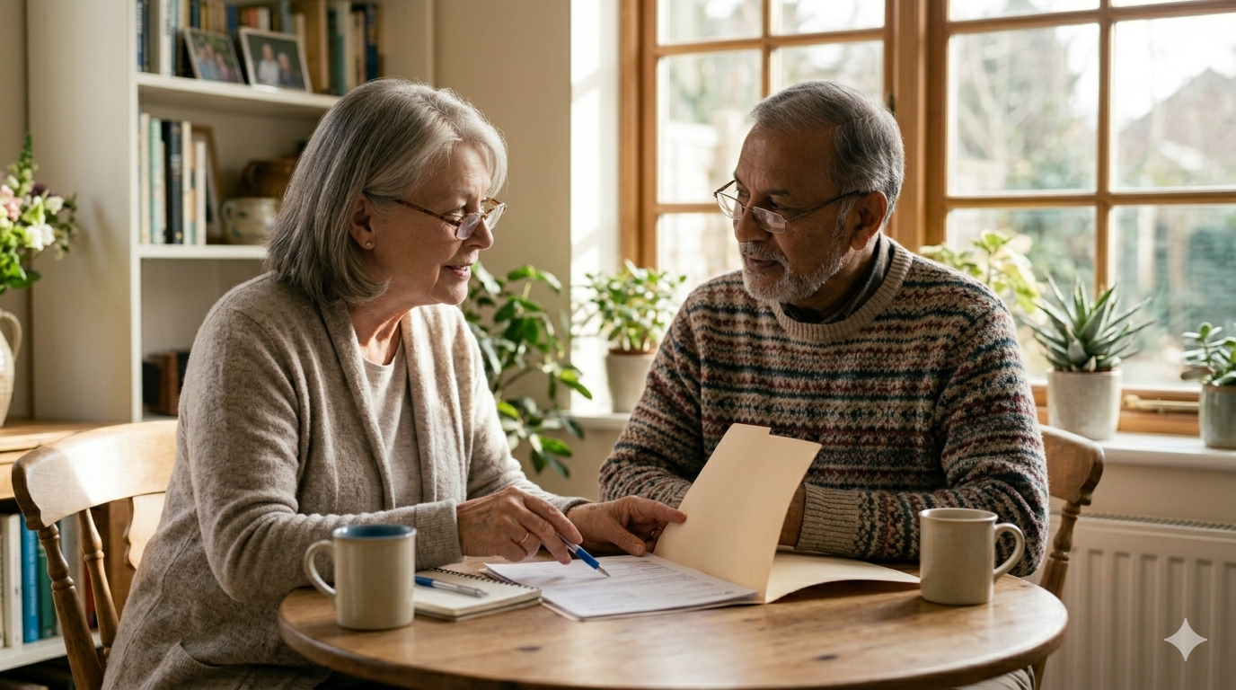 Senior couple discussing a convertible term policy with paperwork between them