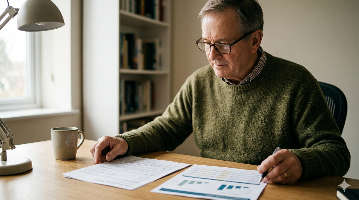 Senior man comparing the death benefit and cash surrender value of his life insurance policy