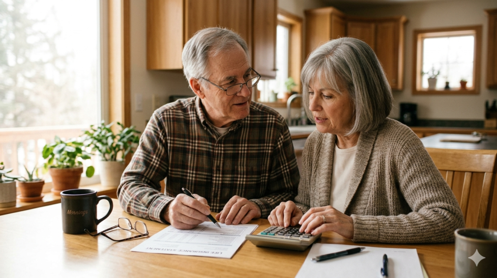 Older couple reviewing cash surrender value on a life insurance policy statement at a kitchen table