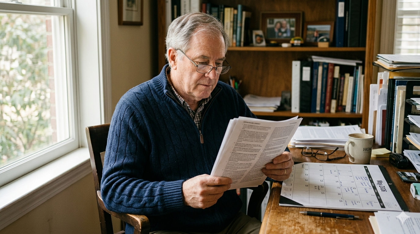 Man in his late 60s reading his term policy contract to check the conversion deadline