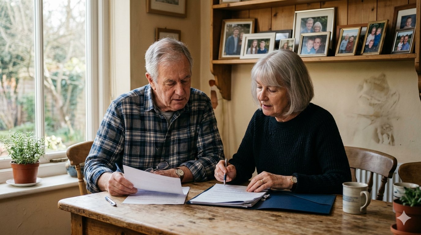 Older couple in their seventies reviewing a long-held life insurance policy together at a kitchen table in warm natural light