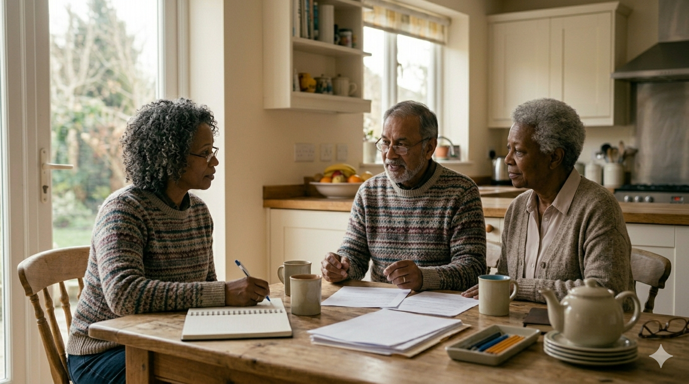 Adult children and their elderly father discussing financial documents at a dining table during a family conversation about long-term care funding