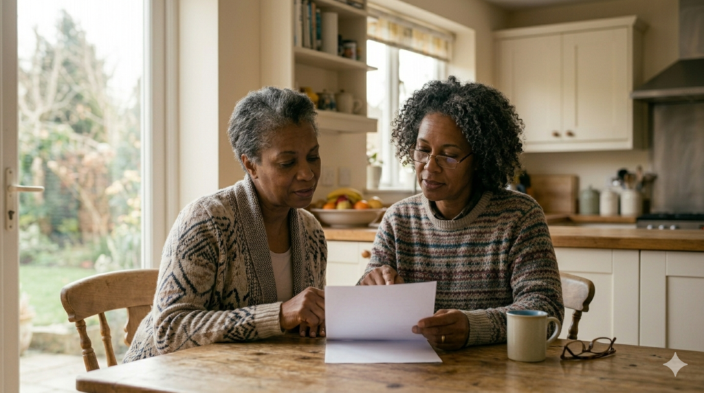Adult daughter and her elderly mother reviewing nursing home financial paperwork together at a kitchen table
