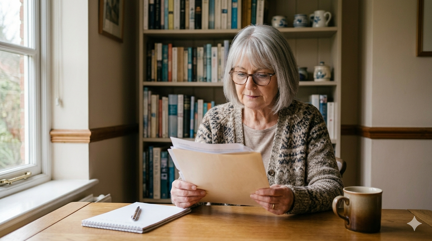 Older woman in her seventies reading life insurance policy documents in a sunlit home office while planning for final expenses