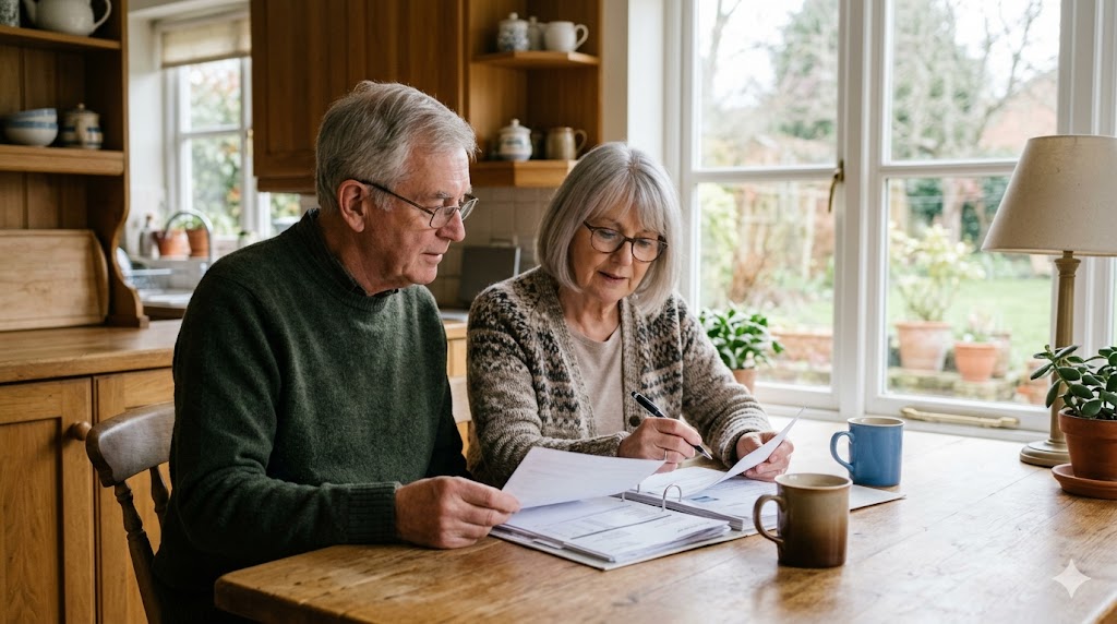 Retired couple in their seventies reviewing funeral and final-expense paperwork together at a kitchen table