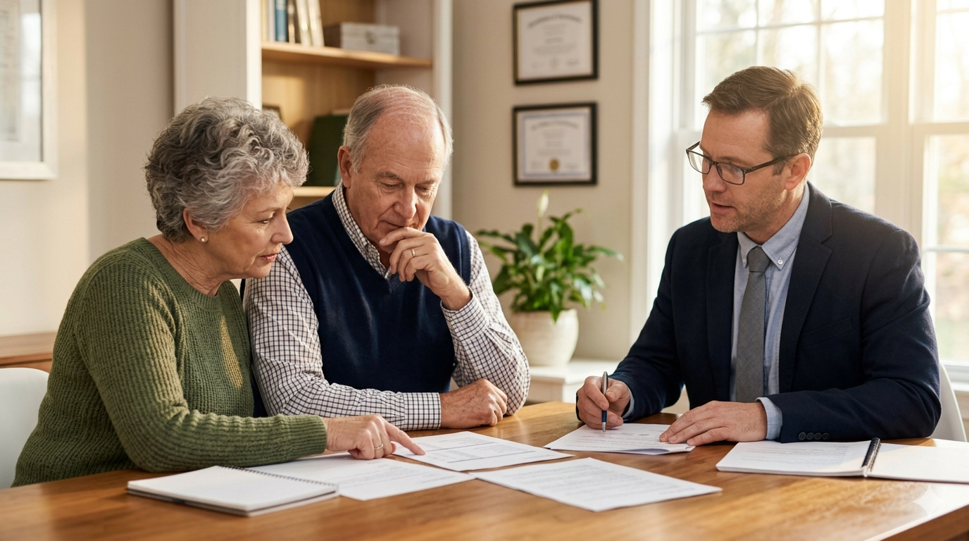 Older couple sitting with a financial professional reviewing universal life policy documents
