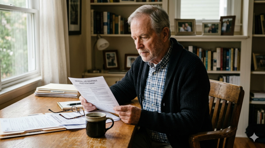 Senior man reviewing a universal life insurance policy statement at a desk in a home office